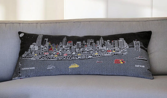 35" Black NYC Nighttime Skyline Lumbar Decorative Pillow