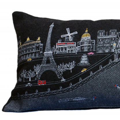 35" Black Paris Nighttime Skyline Standard Lumbar Decorative Pillow