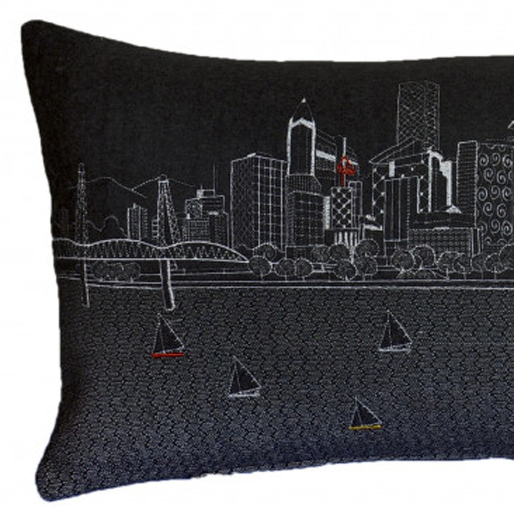 35" Black Portland Nighttime Skyline Lumbar Decorative Pillow