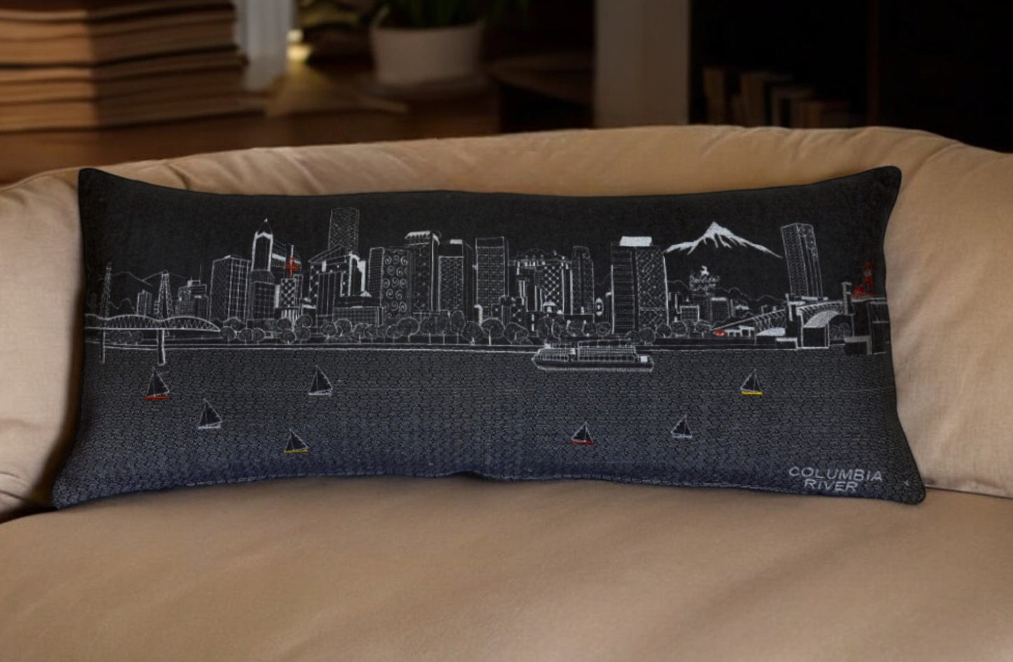 35" Black Portland Nighttime Skyline Lumbar Decorative Pillow