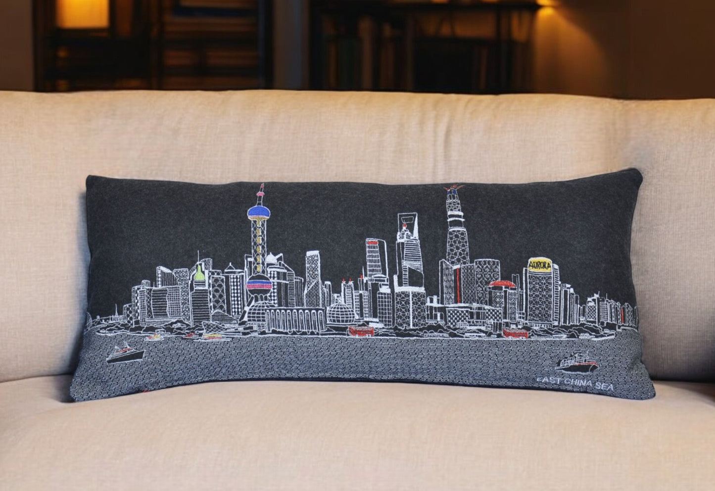 35" Black Shanghai Nighttime Skyline Lumbar Decorative Pillow