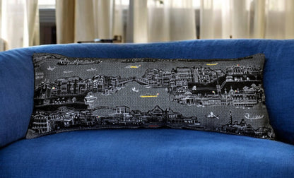 35" Black Venice Nighttime Skyline Lumbar Decorative Pillow