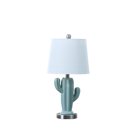 22" Pale Blue Green Ceramic Cactus Table Lamp With White Shade