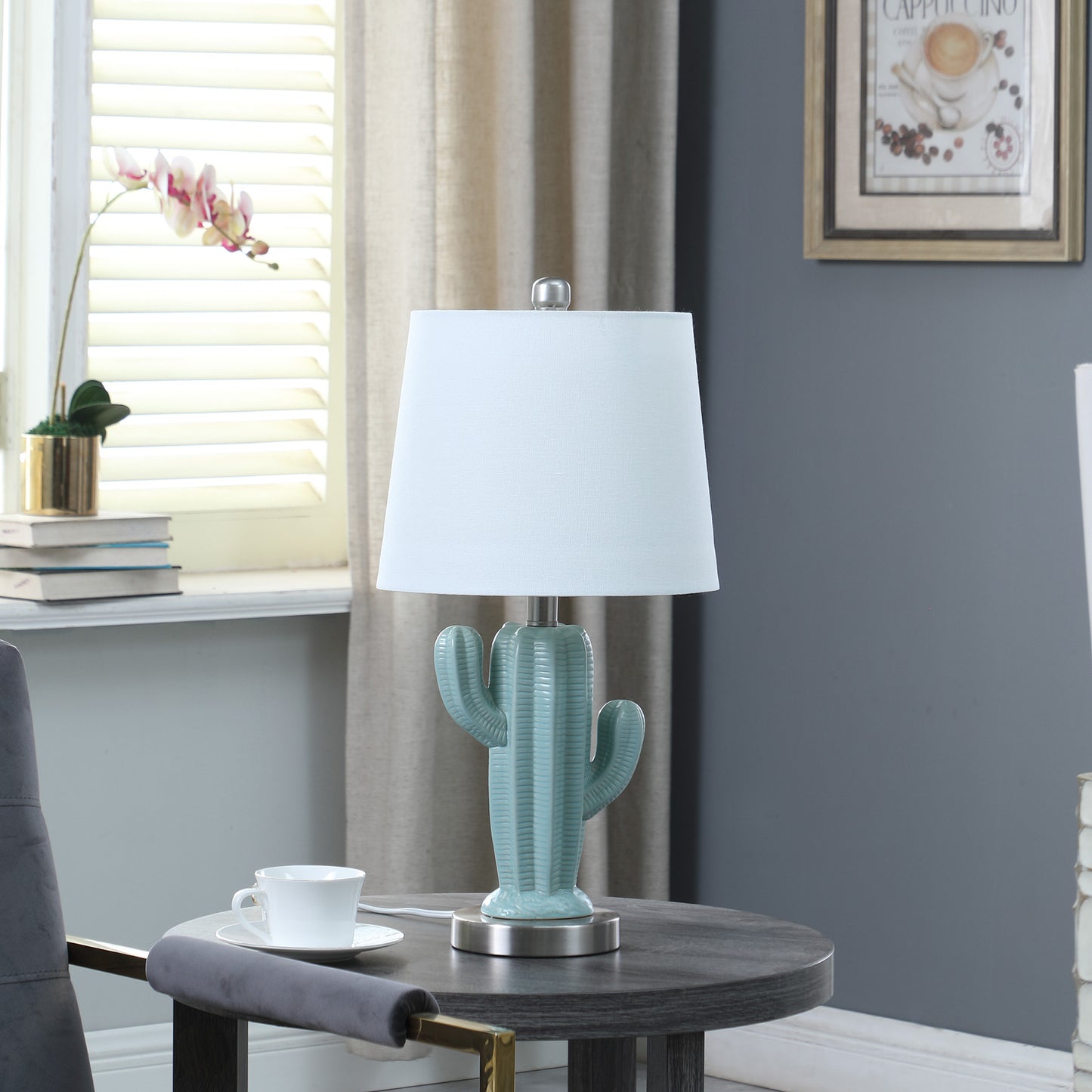 22" Pale Blue Green Ceramic Cactus Table Lamp With White Shade