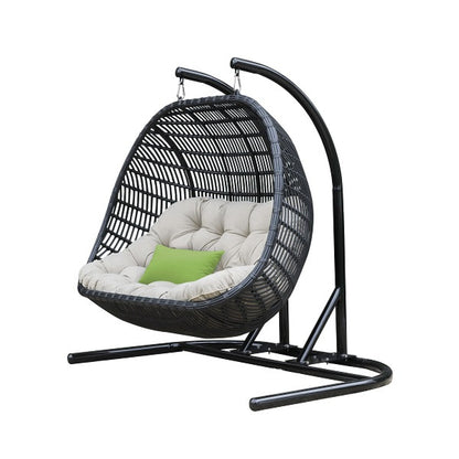 69" Beige and Black Aluminum Indoor Outdoor Swing Chair with Beige Cushion