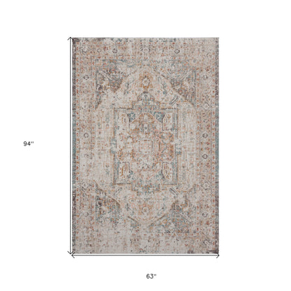 5' X 8' Beige Abstract Stain Resistant Indoor Outdoor Area Rug