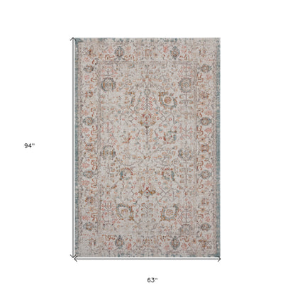 5' X 8' Beige Floral Stain Resistant Indoor Outdoor Area Rug