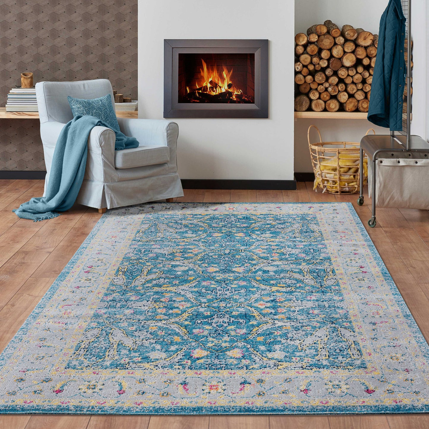 8' X 10' Blue Floral Stain Resistant Indoor Outdoor Area Rug