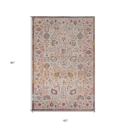 5' X 8' Beige Floral Stain Resistant Indoor Outdoor Area Rug