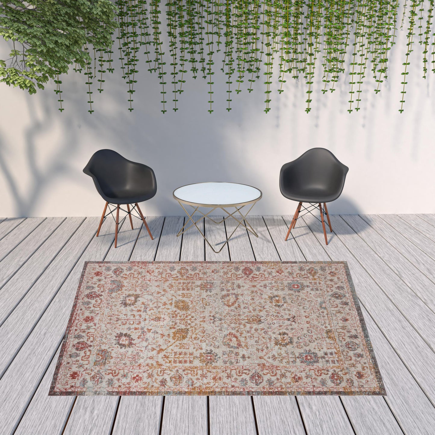 8' X 10' Beige Floral Stain Resistant Indoor Outdoor Area Rug