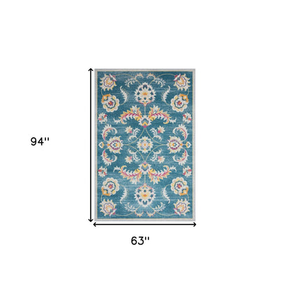 5' X 8' Blue And Ivory Floral Stain Resistant Indoor Outdoor Area Rug