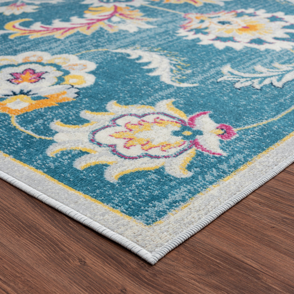 5' X 8' Blue And Ivory Floral Stain Resistant Indoor Outdoor Area Rug