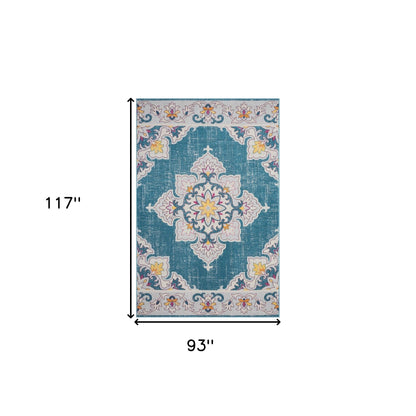 8' X 10' Blue And Ivory Floral Stain Resistant Indoor Outdoor Area Rug