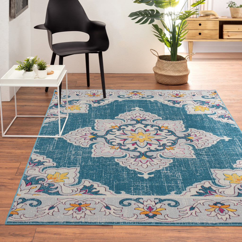 8' X 10' Blue And Ivory Floral Stain Resistant Indoor Outdoor Area Rug