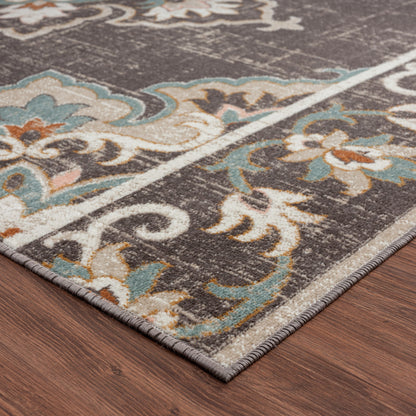 5' X 8' Brown Floral Stain Resistant Indoor Outdoor Area Rug