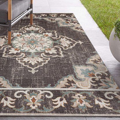 5' X 8' Brown Floral Stain Resistant Indoor Outdoor Area Rug