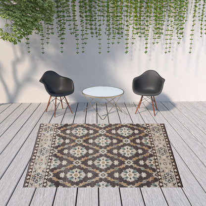 8' X 10' Brown Floral Stain Resistant Indoor Outdoor Area Rug