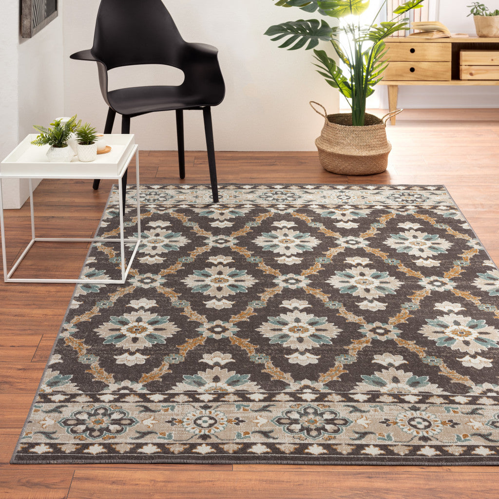 8' X 10' Brown Floral Stain Resistant Indoor Outdoor Area Rug