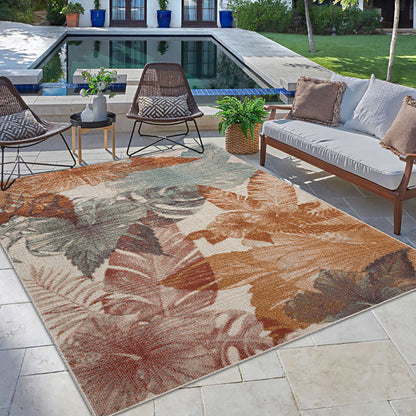 5' X 8' Cream Floral Stain Resistant Indoor Outdoor Area Rug