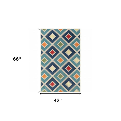 4' X 6' Blue And Ivory Geometric Stain Resistant Indoor Outdoor Area Rug