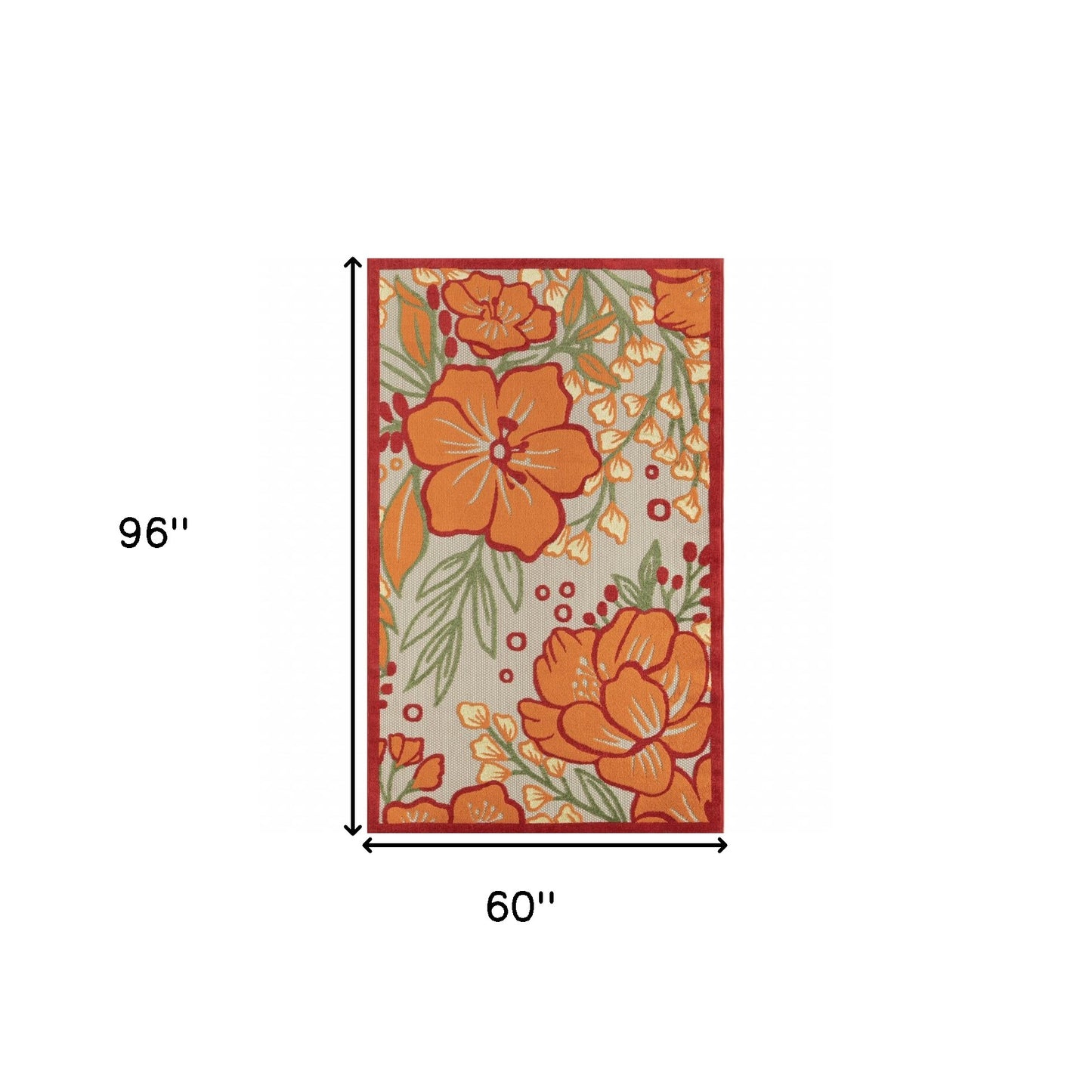 5' X 8' Orange And Ivory Floral Stain Resistant Indoor Outdoor Area Rug