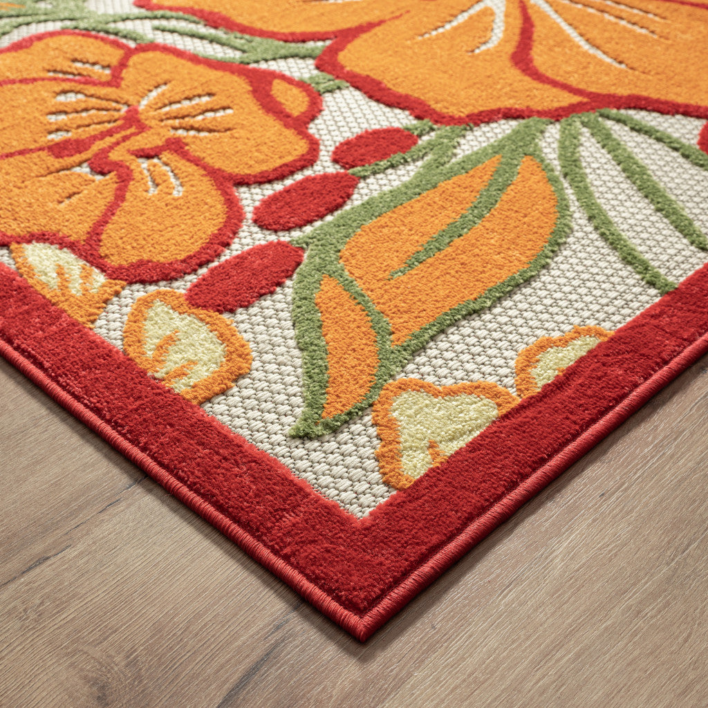 5' X 8' Orange And Ivory Floral Stain Resistant Indoor Outdoor Area Rug