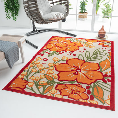 5' X 8' Orange And Ivory Floral Stain Resistant Indoor Outdoor Area Rug