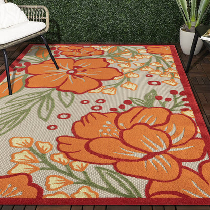 5' X 8' Orange And Ivory Floral Stain Resistant Indoor Outdoor Area Rug