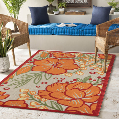 5' X 8' Orange And Ivory Floral Stain Resistant Indoor Outdoor Area Rug