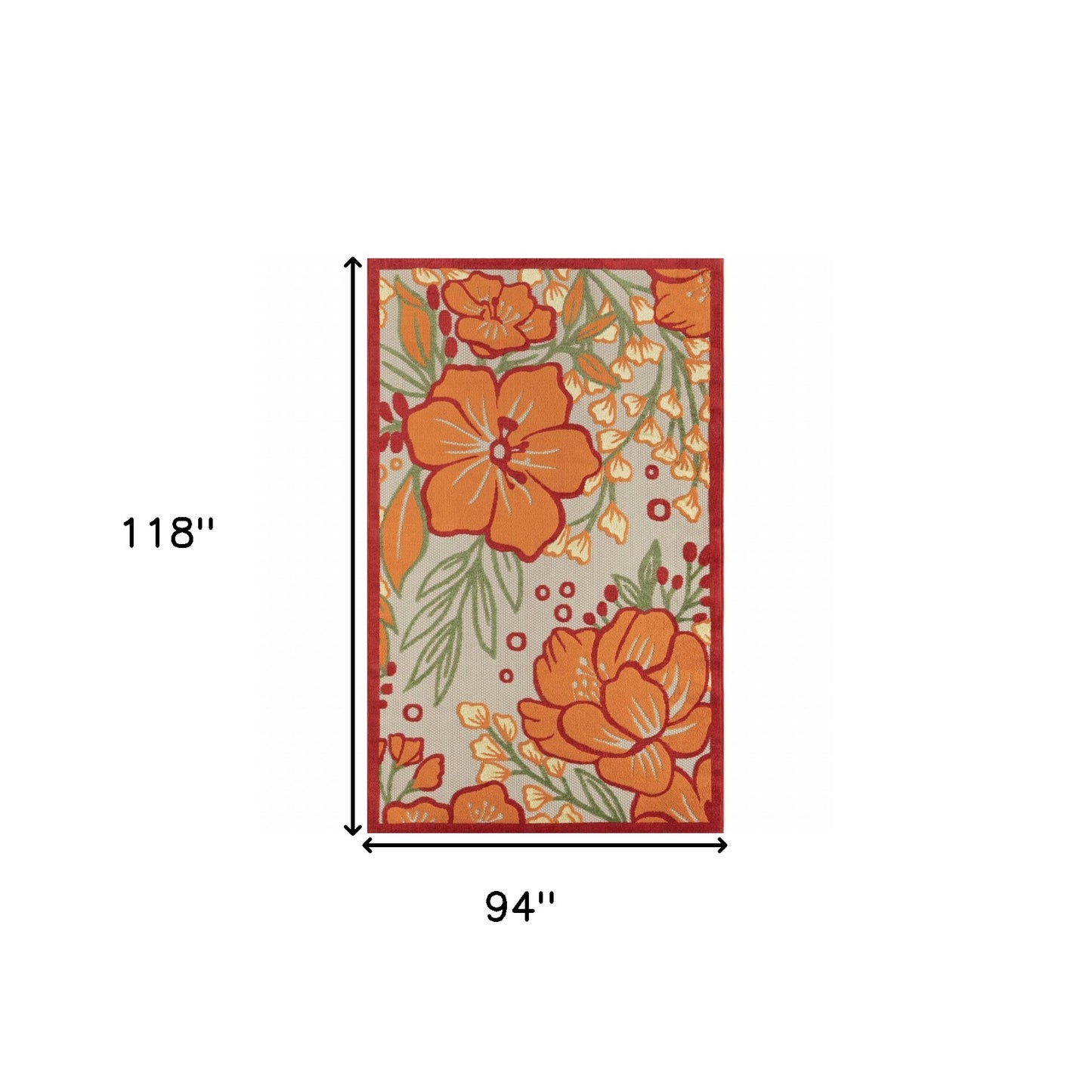 8' X 10' Orange And Ivory Floral Stain Resistant Indoor Outdoor Area Rug