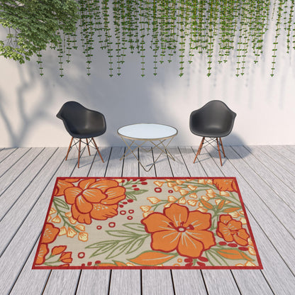 8' X 10' Orange And Ivory Floral Stain Resistant Indoor Outdoor Area Rug