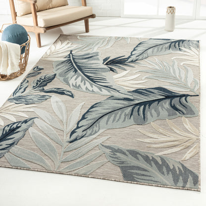 5' X 7' Blue And Gray Floral Stain Resistant Indoor Outdoor Area Rug