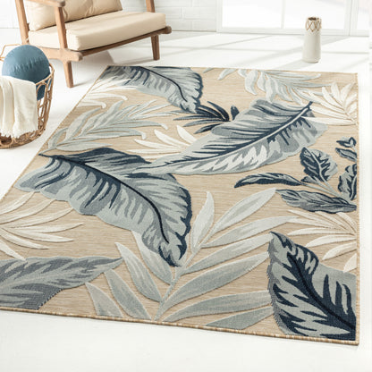 5' X 7' Blue And Beige Floral Stain Resistant Indoor Outdoor Area Rug