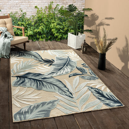 8' X 10' Blue And Beige Floral Stain Resistant Indoor Outdoor Area Rug