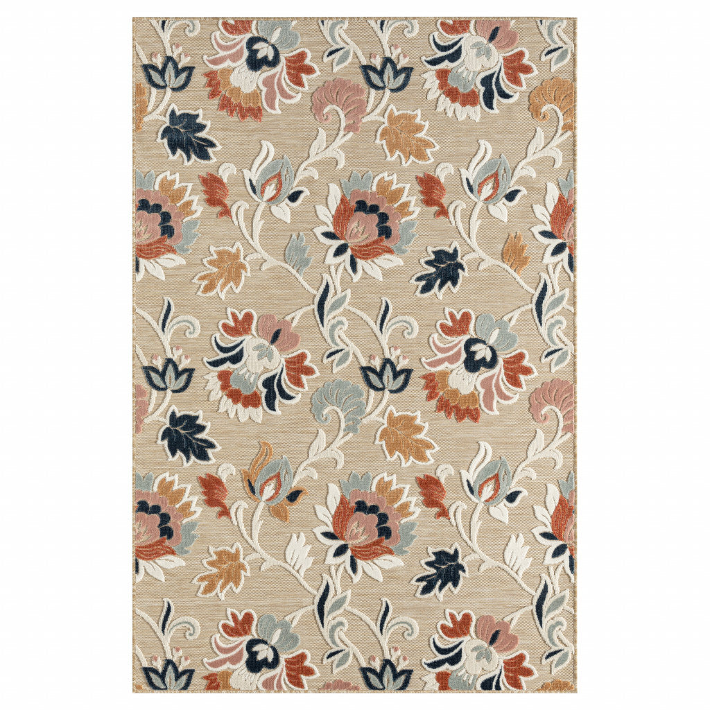 5' X 7' Blue And Beige Floral Stain Resistant Indoor Outdoor Area Rug