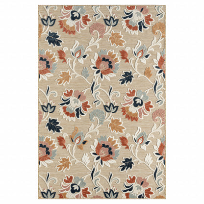 5' X 7' Blue And Beige Floral Stain Resistant Indoor Outdoor Area Rug