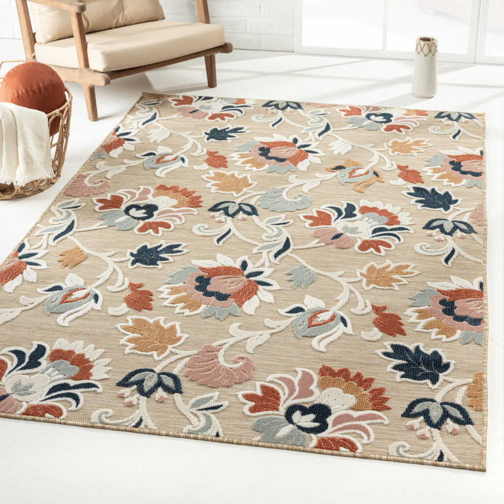 5' X 7' Blue And Beige Floral Stain Resistant Indoor Outdoor Area Rug