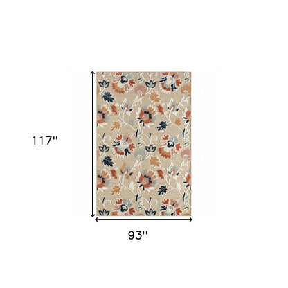 8' X 10' Blue And Beige Floral Stain Resistant Indoor Outdoor Area Rug