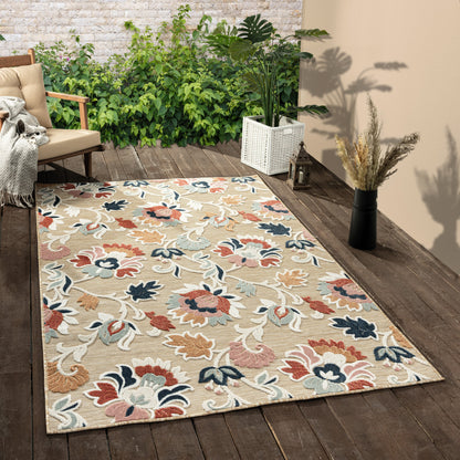 8' X 10' Blue And Beige Floral Stain Resistant Indoor Outdoor Area Rug