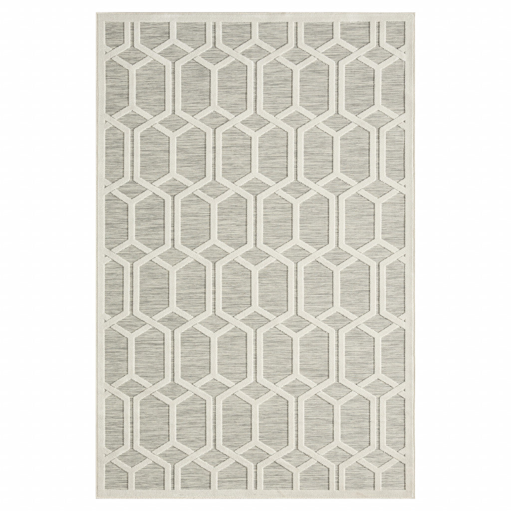 8' X 10' Gray And Ivory Geometric Stain Resistant Indoor Outdoor Area Rug