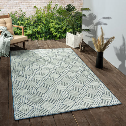 8' X 10' Blue Geometric Stain Resistant Indoor Outdoor Area Rug