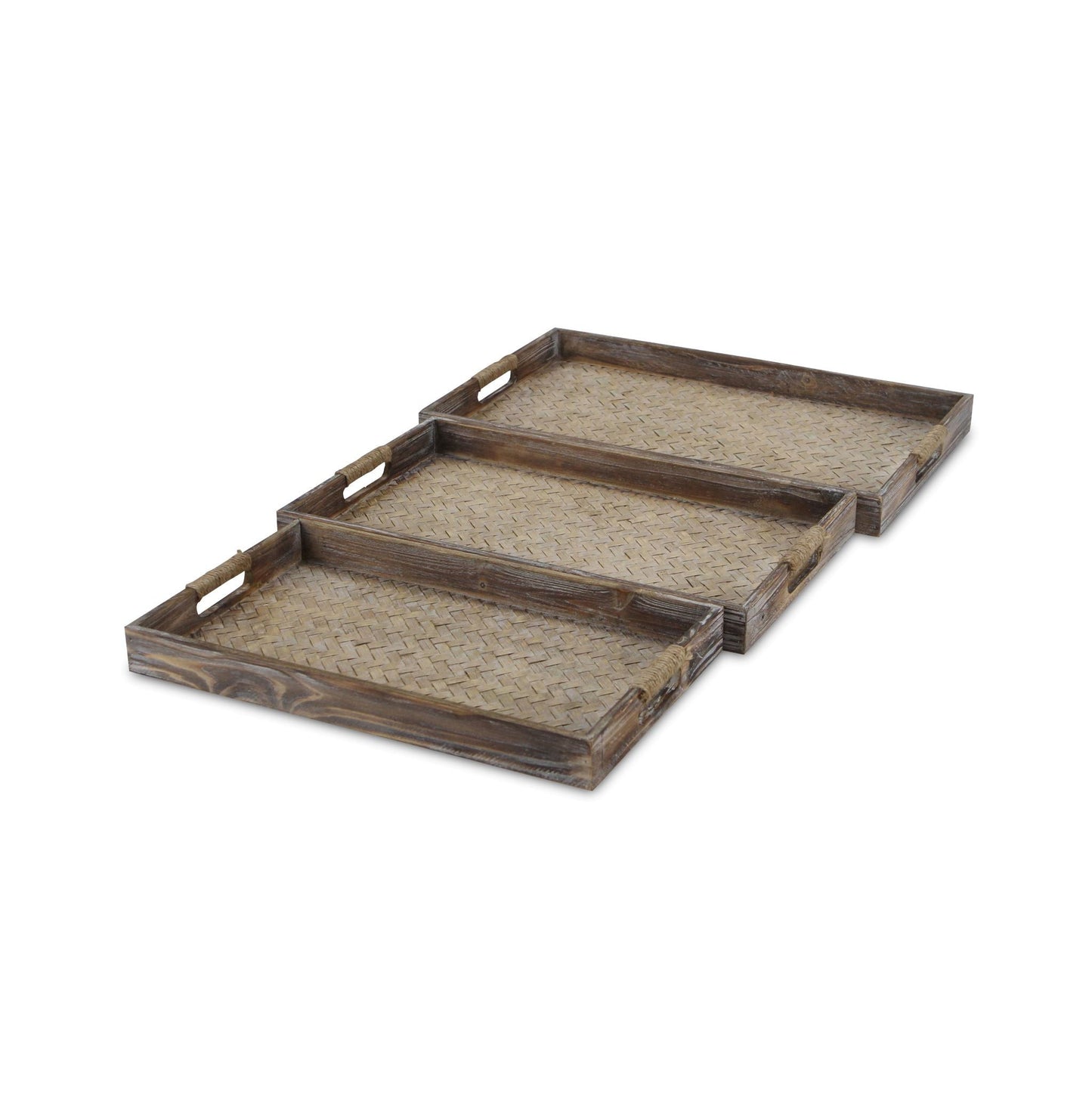 Set of Three Brown Rectangular Wood Handmade Serving Tray With Handles