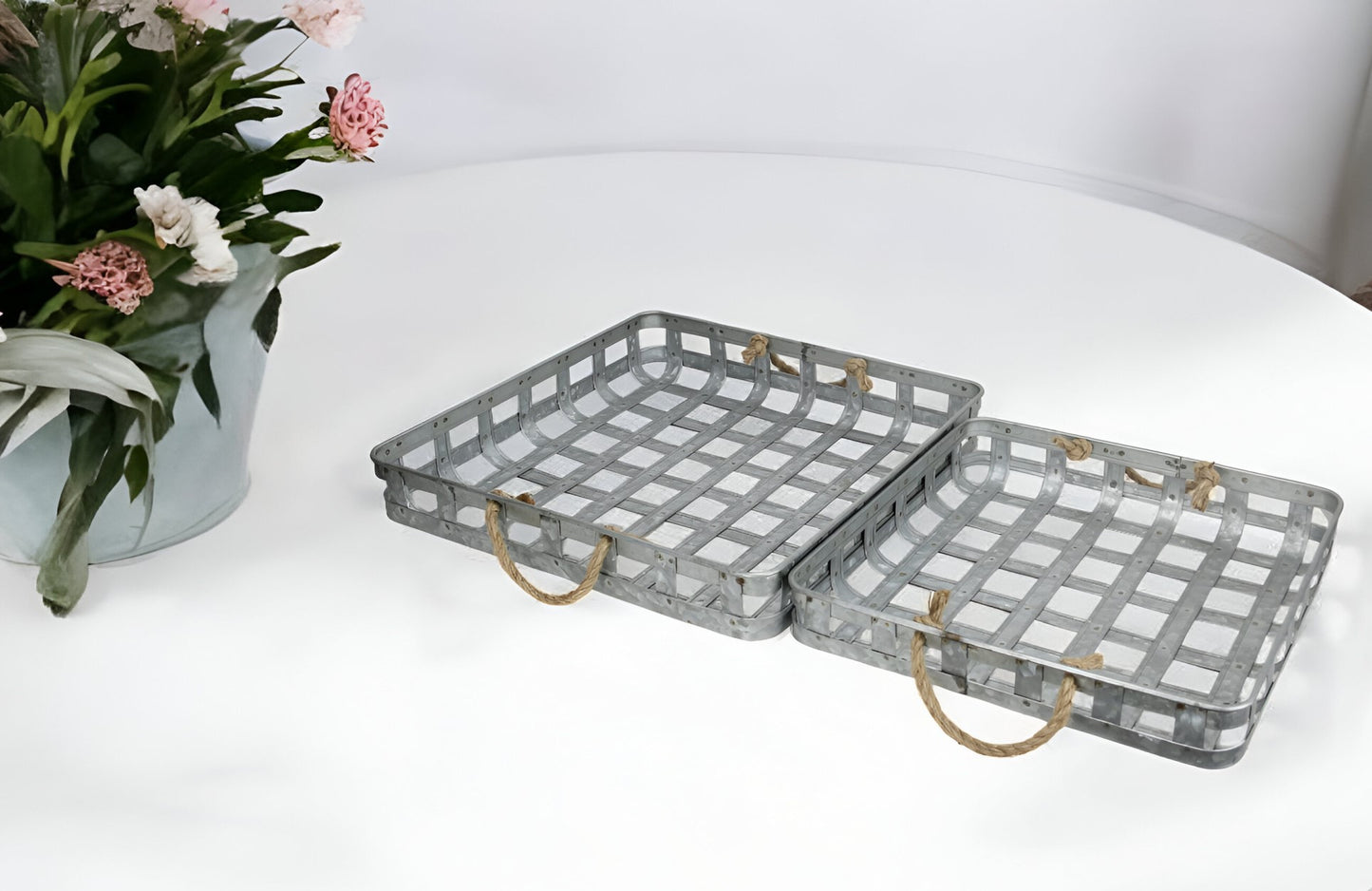 Set of Two Gray Rectangular Metal Handmade Serving Tray With Handles