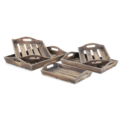 Set Of 5 Rustic Natural Brown Wood Handmade Trays With Handles