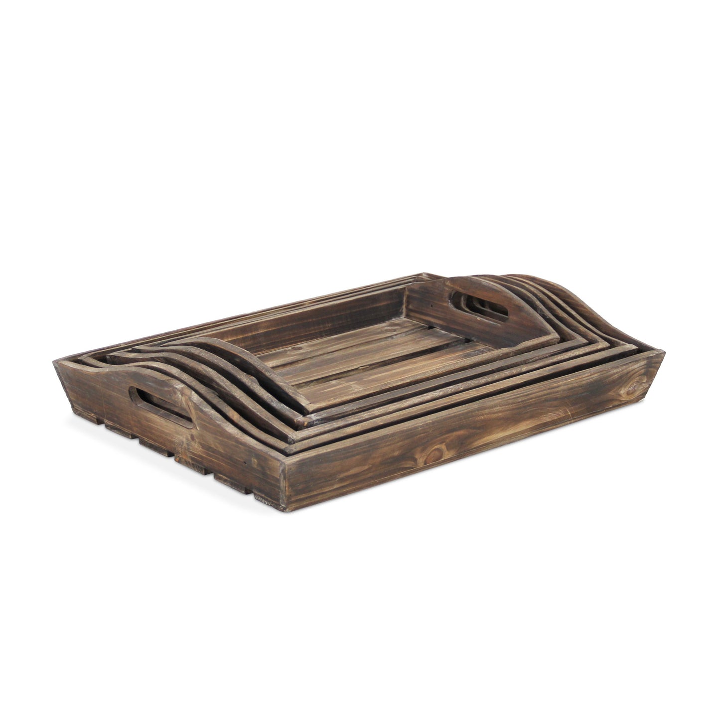 Set Of 5 Rustic Natural Brown Wood Handmade Trays With Handles