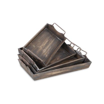 Set of Four Brown Wood Handmade Serving Tray With Handles