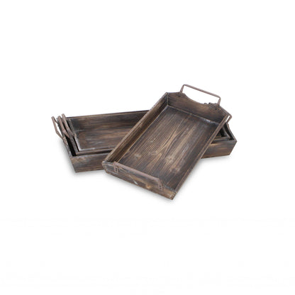 Set of Four Brown Wood Handmade Serving Tray With Handles