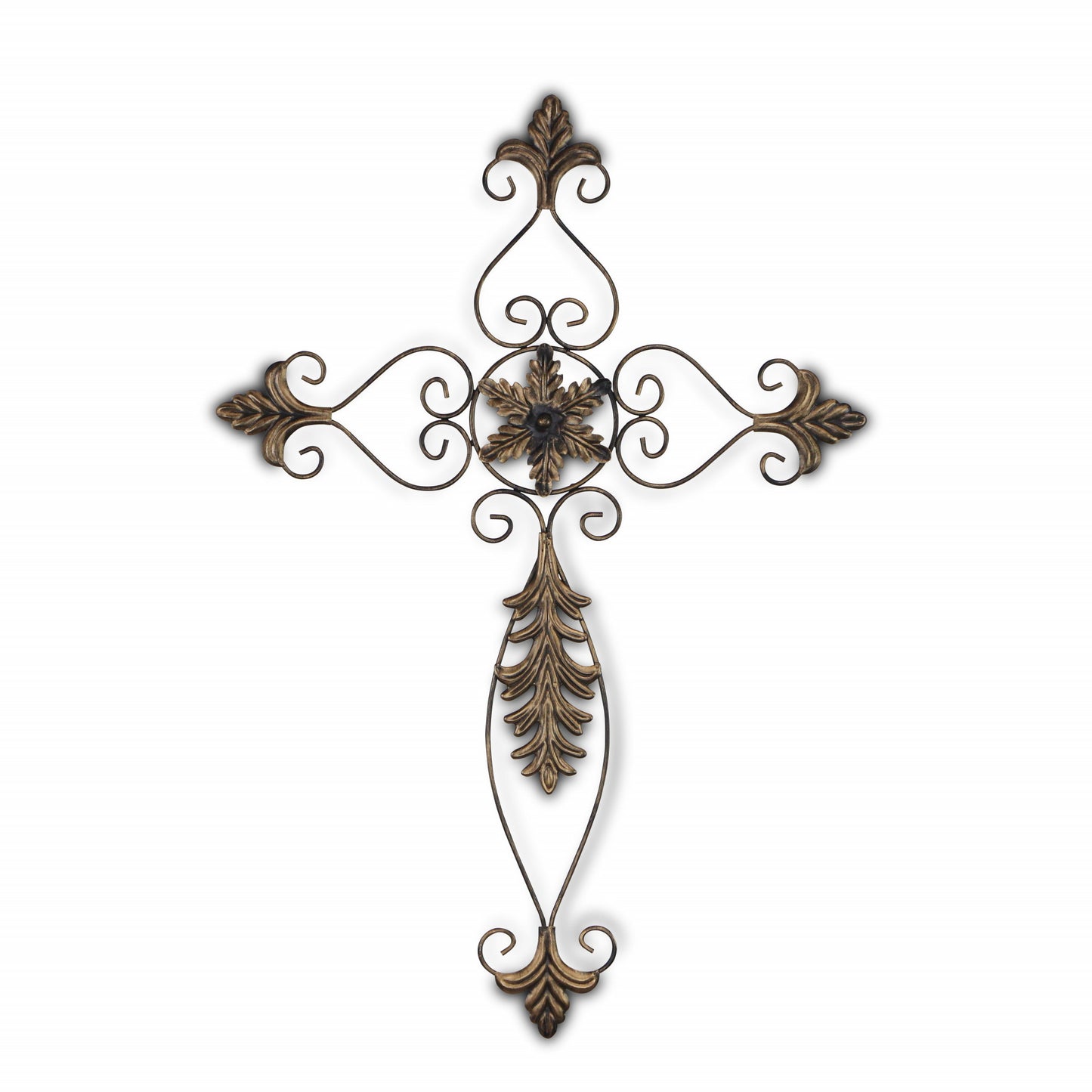 Rustic Burnished Golden Brown Metal Scroll Hanging Wall Cross