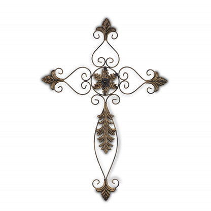 Rustic Burnished Golden Brown Metal Scroll Hanging Wall Cross