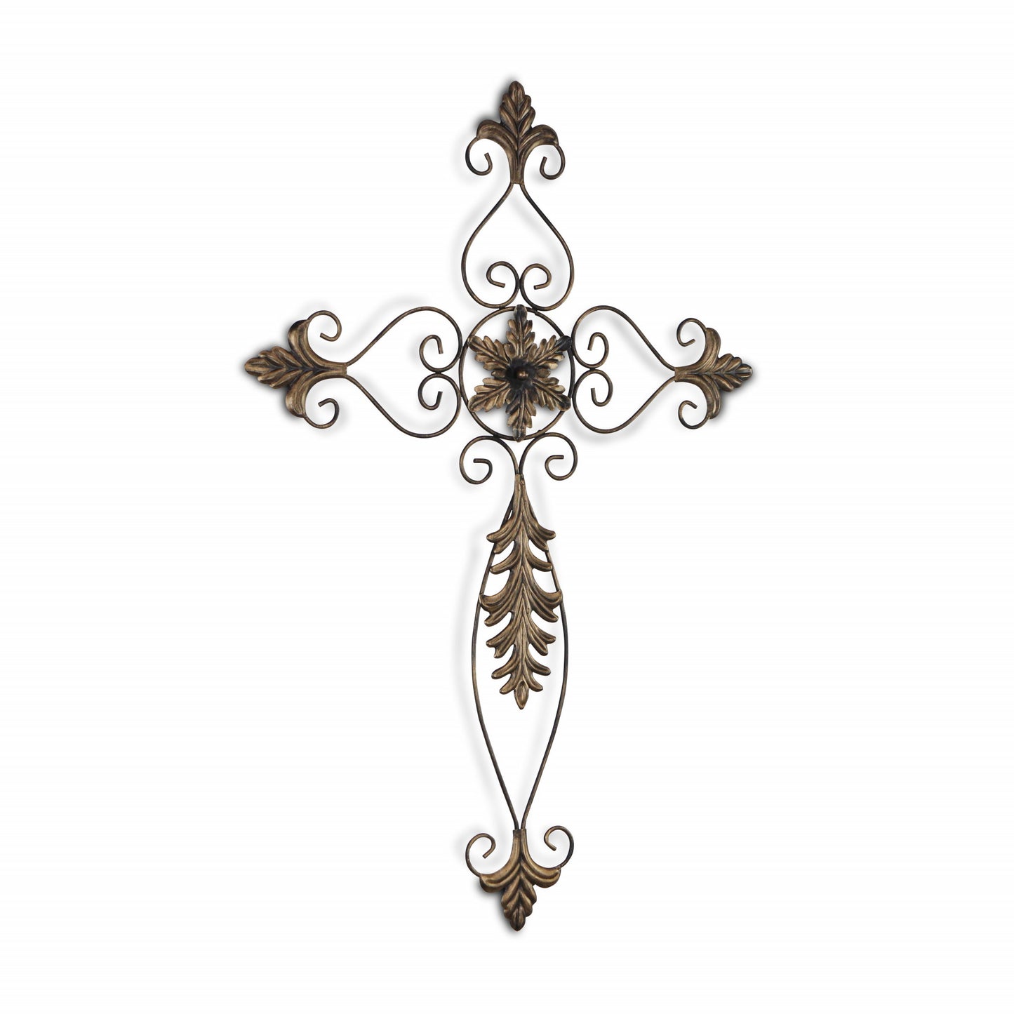 Rustic Burnished Golden Brown Metal Scroll Hanging Wall Cross